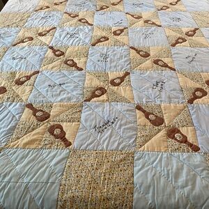 Hand-Stitched Patchwork ELVIS Quilt 64”x90” w/24 Embroidered Song Titles